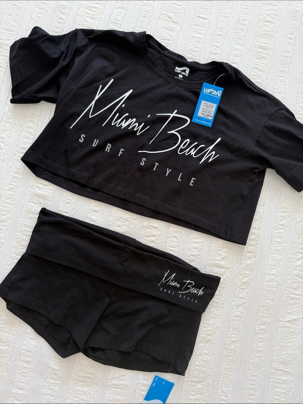 surf style Black Two-Piece Crop Top & Foldover Waist Shorts
